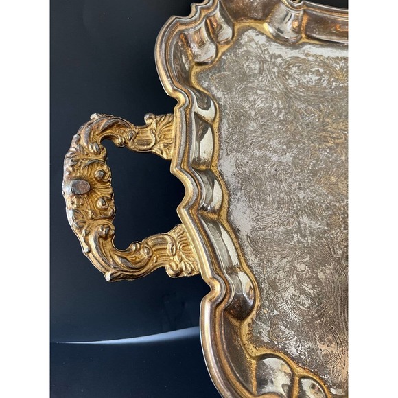 Vintage Gold Plate Butler Tray Relief Embossed Four Ornate Feet 23x13x2 Inches - Picture 4 of 11
